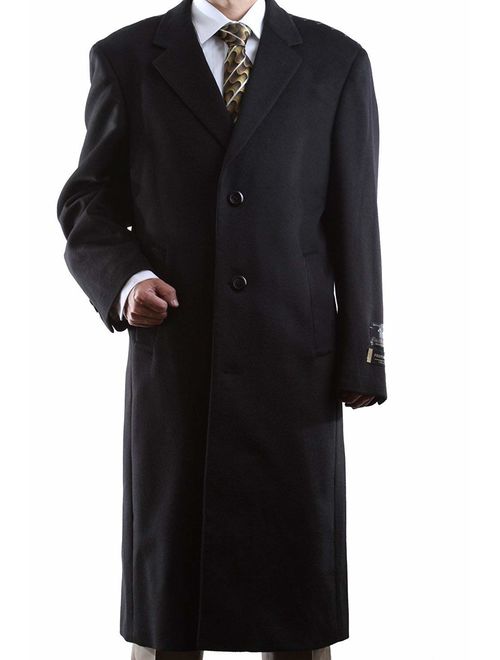 Prontomoda Men's Single Breasted Black Luxury Wool/Cashmere Full Length Topcoat