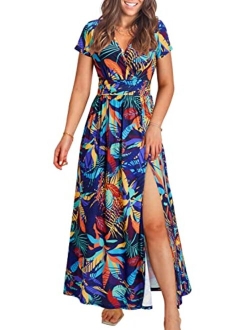 OUGES Short Sleeve V-Neck Wrap Waist Maxi Dress