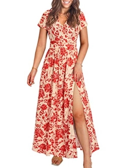 OUGES Short Sleeve V-Neck Wrap Waist Maxi Dress