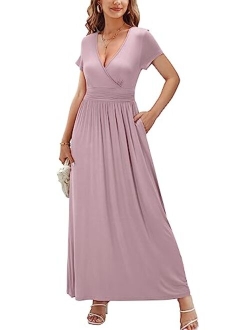 OUGES Short Sleeve V-Neck Wrap Waist Maxi Dress