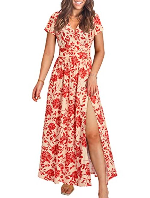 OUGES Short Sleeve V-Neck Wrap Waist Maxi Dress