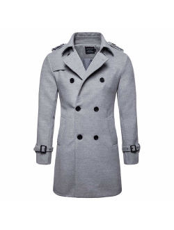 AOWOFS Men's Trench Coat Wool Blend Winter Long Double Breasted Overcoat Slim Fit Warm Pea Coat