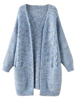 FUTURINO Women's Cable Twist School Wear Boyfriend Pocket Open Front Cardigan Popcorn Sweaters