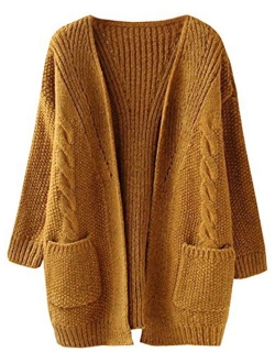 FUTURINO Women's Cable Twist School Wear Boyfriend Pocket Open Front Cardigan Popcorn Sweaters