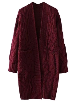 FUTURINO Women's Cable Twist School Wear Boyfriend Pocket Open Front Cardigan Popcorn Sweaters