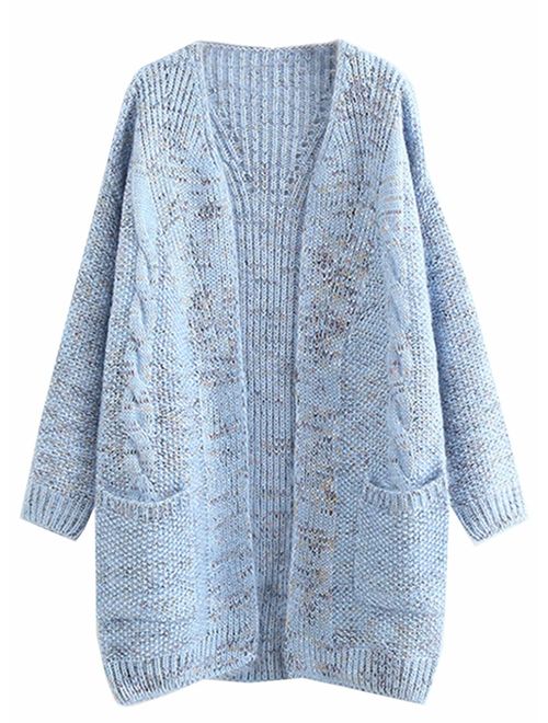 FUTURINO Women's Cable Twist School Wear Boyfriend Pocket Open Front Cardigan Popcorn Sweaters