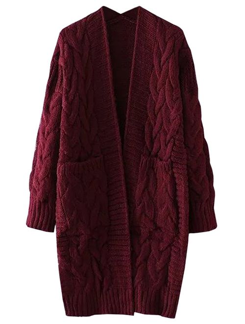 FUTURINO Women's Cable Twist School Wear Boyfriend Pocket Open Front Cardigan Popcorn Sweaters