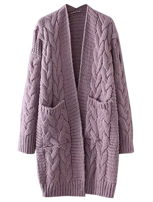 FUTURINO Women's Cable Twist School Wear Boyfriend Pocket Open Front Cardigan Popcorn Sweaters