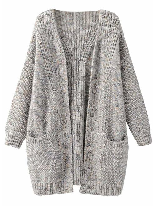 FUTURINO Women's Cable Twist School Wear Boyfriend Pocket Open Front Cardigan Popcorn Sweaters