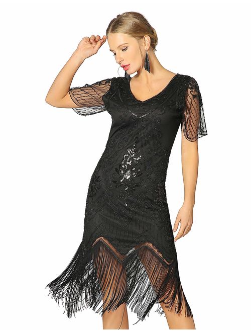 Metme Women's Roaring 1920s Gatsby Dresses Short Sleeve Dress Cocktail Flapper Dress