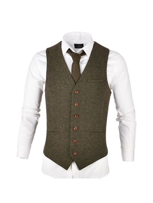 VOBOOM Men's Slim Fit Herringbone Tweed Suits Vest Premium Wool Blend Waistcoat