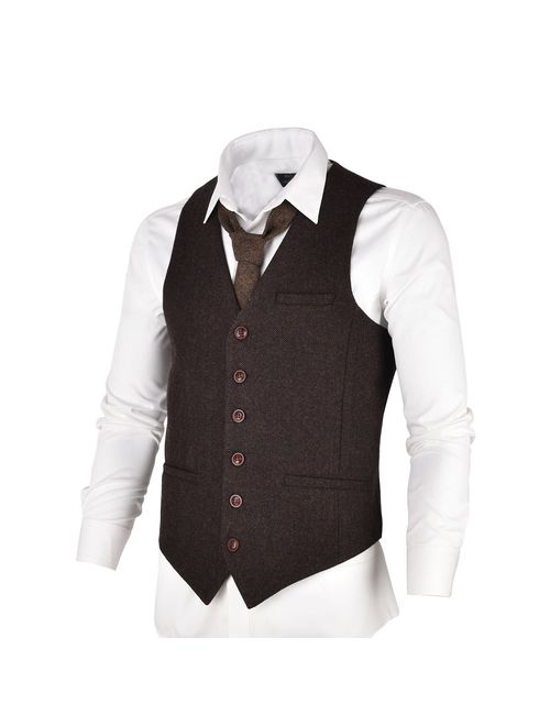 VOBOOM Men's Slim Fit Herringbone Tweed Suits Vest Premium Wool Blend Waistcoat