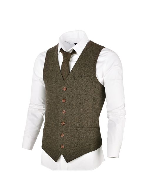 VOBOOM Men's Slim Fit Herringbone Tweed Suits Vest Premium Wool Blend Waistcoat