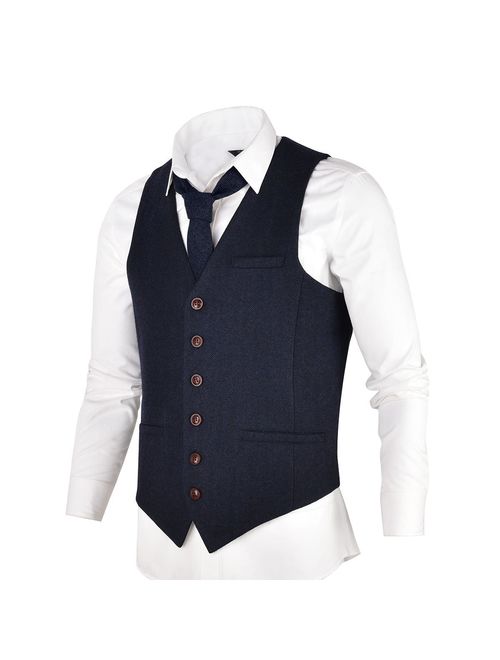 VOBOOM Men's Slim Fit Herringbone Tweed Suits Vest Premium Wool Blend Waistcoat