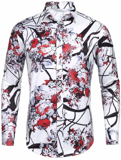 Pacinoble Mens Long Sleeve Fashion Luxury Design Print Dress Shirt