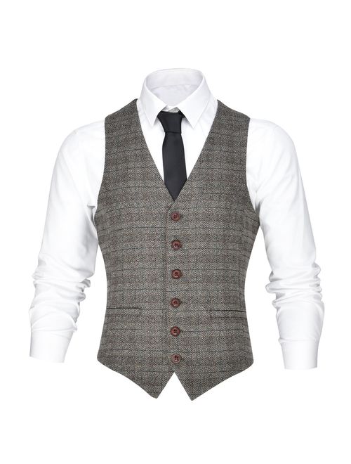 VOBOOM Men's V-Neck Suit Vest Casual Slim Fit Dress 6 Button Vest Waistcoat