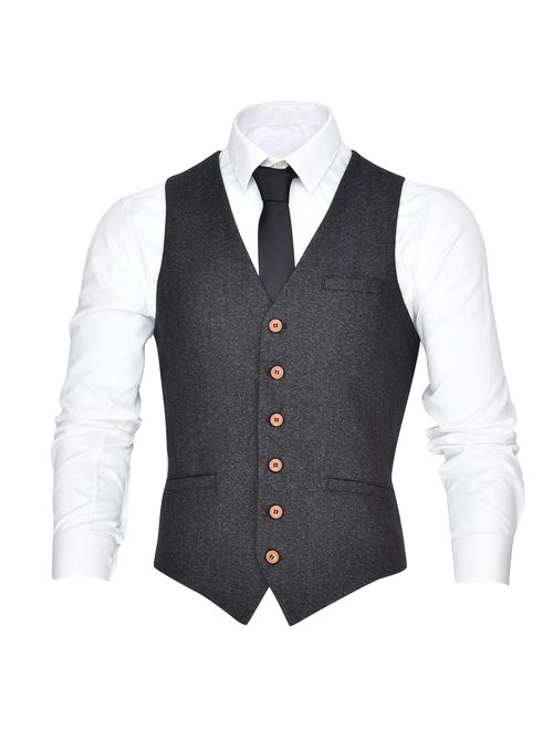 VOBOOM Men's V-Neck Suit Vest Casual Slim Fit Dress 6 Button Vest Waistcoat