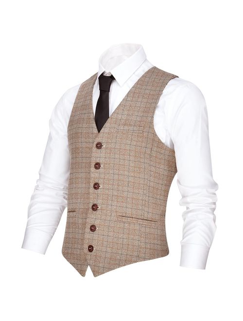 VOBOOM Men's V-Neck Suit Vest Casual Slim Fit Dress 6 Button Vest Waistcoat