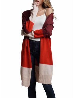 KIRUNDO Women's Open Front Long Cardigan Strip Color Block Long Sleeves Lightweight Knit Fall Outwear Sweater Coats