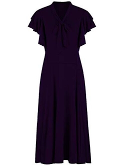 VIJIV Women's Vintage 1920s V Neck Long Bias Cut Sleeveless with Flutter Sleeves Bowknot Flapper Dress