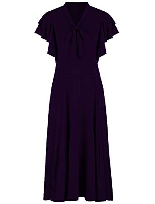 VIJIV Women's Vintage 1920s V Neck Long Bias Cut Sleeveless with Flutter Sleeves Bowknot Flapper Dress