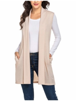 Beyove Womens Long Vests Sleeveless Draped Lightweight Open Front Cardigan Layering Vest with Side Pockets