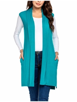 Beyove Womens Long Vests Sleeveless Draped Lightweight Open Front Cardigan Layering Vest with Side Pockets