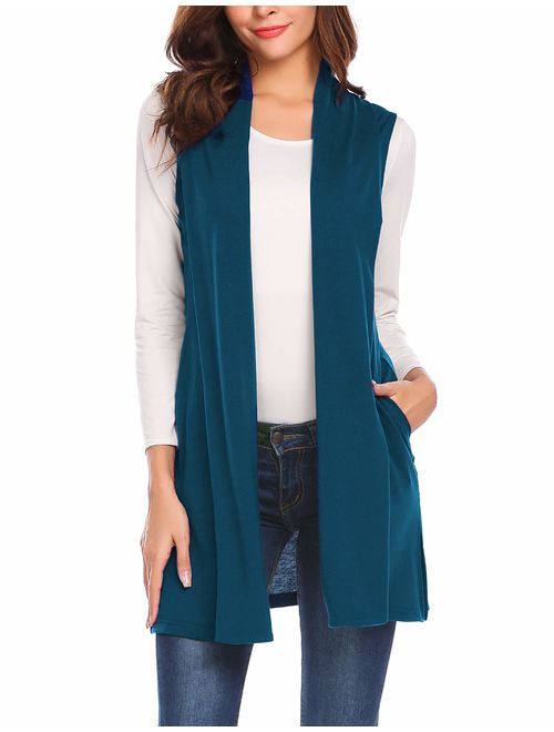 Beyove Womens Long Vests Sleeveless Draped Lightweight Open Front Cardigan Layering Vest with Side Pockets