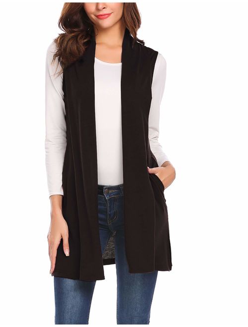 Beyove Womens Long Vests Sleeveless Draped Lightweight Open Front Cardigan Layering Vest with Side Pockets