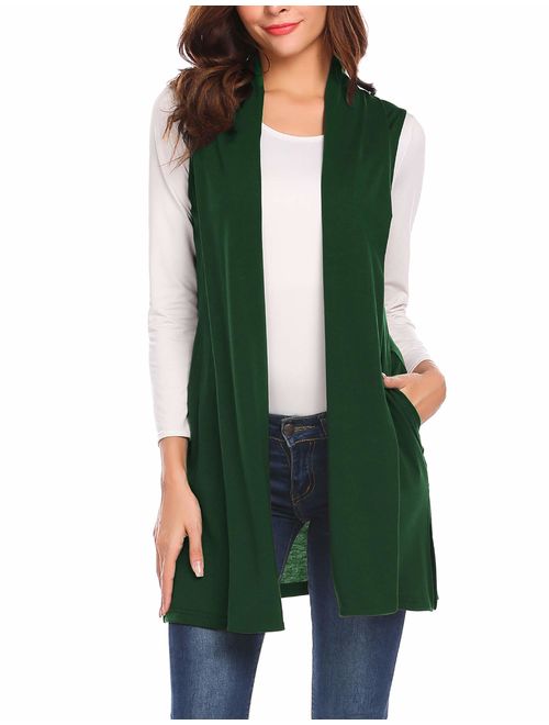 Beyove Womens Long Vests Sleeveless Draped Lightweight Open Front Cardigan Layering Vest with Side Pockets