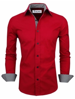 TAM WARE Men's Classic Slim Fit Contrast Inner Long Sleeve Dress Shirts