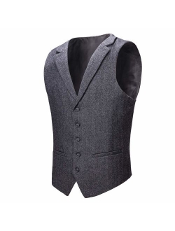 VOBOOM Mens Herringbone Tailored Collar Waistcoat Fullback Wool Tweed Suit Vest