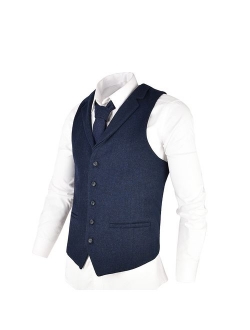 VOBOOM Mens Herringbone Tailored Collar Waistcoat Fullback Wool Tweed Suit Vest