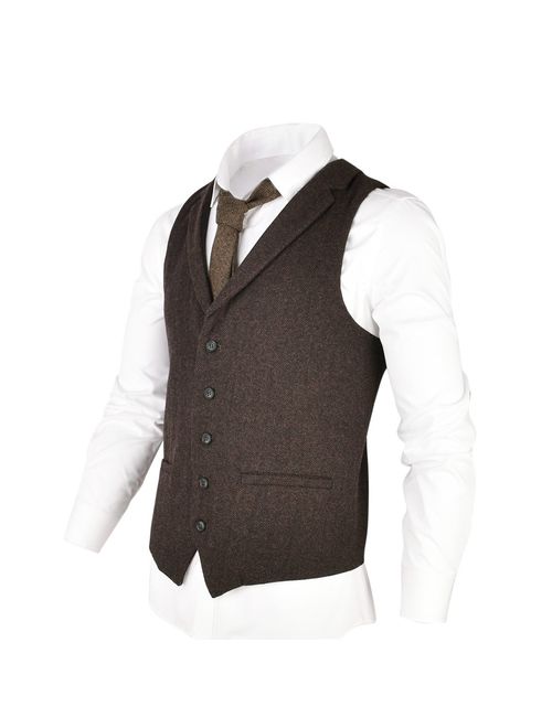 VOBOOM Mens Herringbone Tailored Collar Waistcoat Fullback Wool Tweed Suit Vest