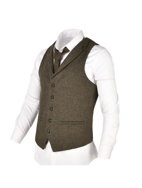 VOBOOM Mens Herringbone Tailored Collar Waistcoat Fullback Wool Tweed Suit Vest