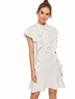 Women's Tie Neck Short Sleeve Ruffle Hem Cocktail Party Dress