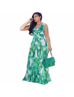 Nuofengkudu Womens Stylish Chiffon V-Neck Printed Floral Maxi Dress with Waisted Belt Plus Size (FBA)