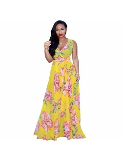 Nuofengkudu Womens Stylish Chiffon V-Neck Printed Floral Maxi Dress with Waisted Belt Plus Size (FBA)