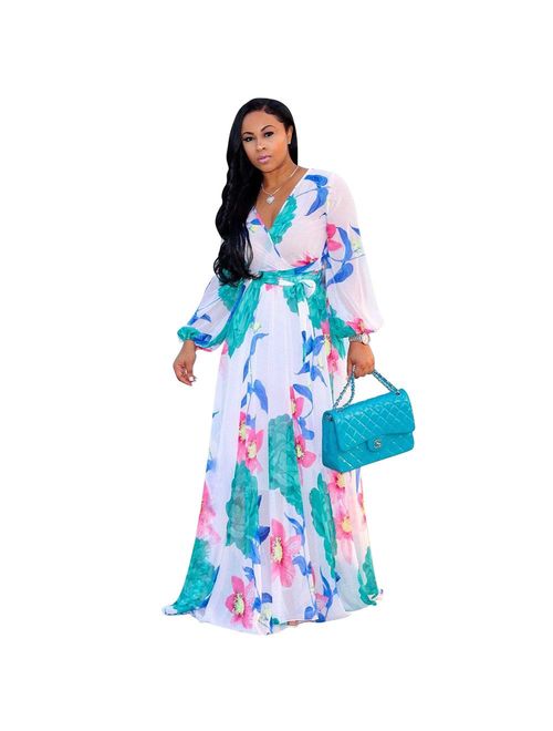 Nuofengkudu Womens Stylish Chiffon V-Neck Printed Floral Maxi Dress with Waisted Belt Plus Size (FBA)