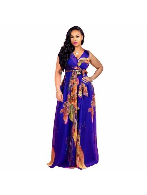 Nuofengkudu Womens Stylish Chiffon V-Neck Printed Floral Maxi Dress with Waisted Belt Plus Size (FBA)