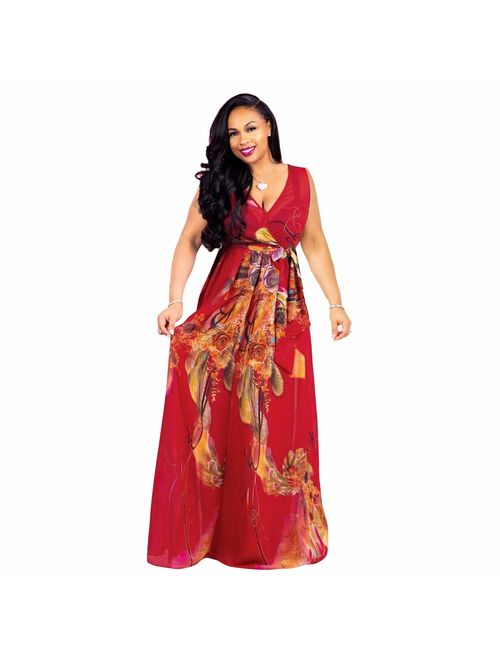 Nuofengkudu Womens Stylish Chiffon V-Neck Printed Floral Maxi Dress with Waisted Belt Plus Size (FBA)