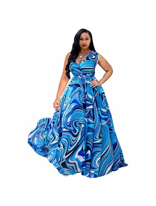 Nuofengkudu Womens Stylish Chiffon V-Neck Printed Floral Maxi Dress with Waisted Belt Plus Size (FBA)