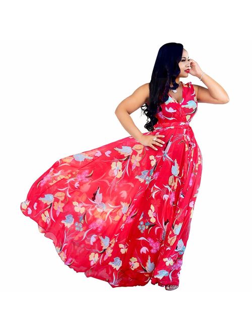 Nuofengkudu Womens Stylish Chiffon V-Neck Printed Floral Maxi Dress with Waisted Belt Plus Size (FBA)