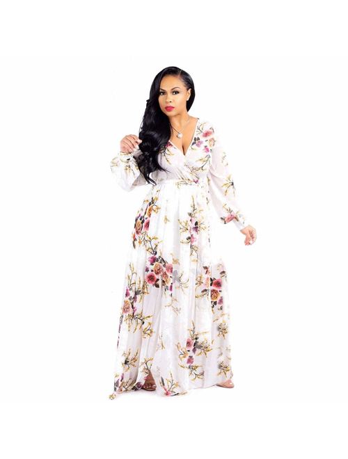 Nuofengkudu Womens Stylish Chiffon V-Neck Printed Floral Maxi Dress with Waisted Belt Plus Size (FBA)