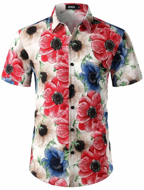 JOGAL Men's Flower Casual Button Down Short Sleeve Hawaiian Shirt