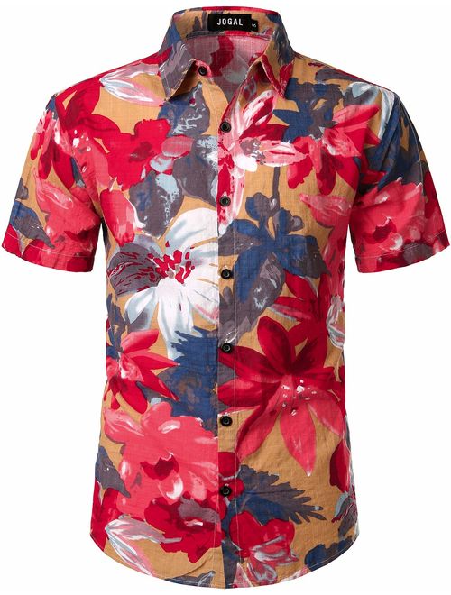 JOGAL Men's Flower Casual Button Down Short Sleeve Hawaiian Shirt