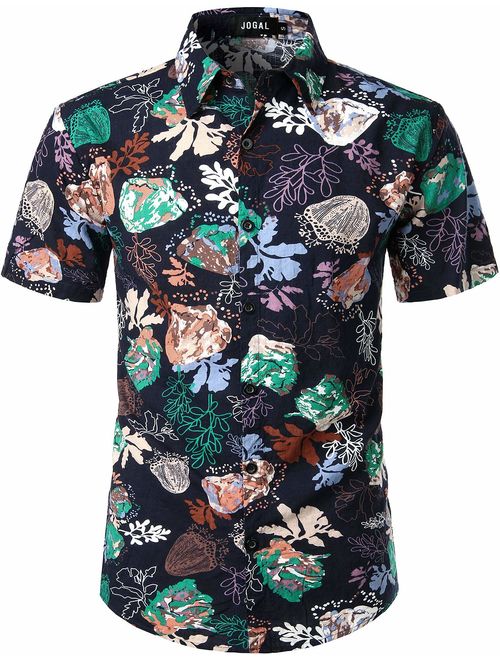 JOGAL Men's Flower Casual Button Down Short Sleeve Hawaiian Shirt