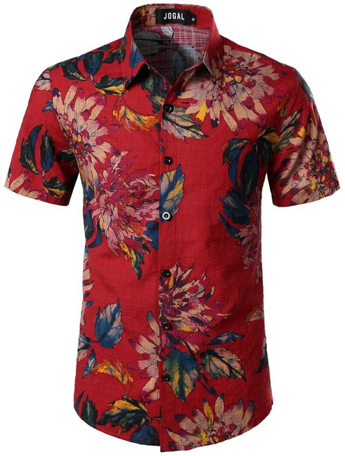 JOGAL Men's Flower Casual Button Down Short Sleeve Hawaiian Shirt