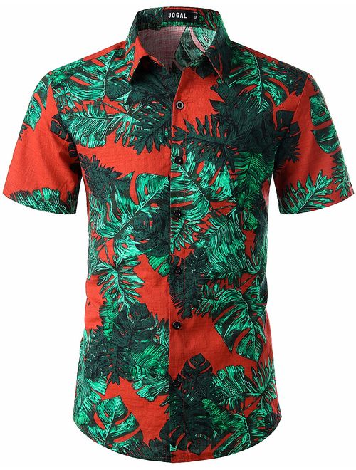 JOGAL Men's Flower Casual Button Down Short Sleeve Hawaiian Shirt