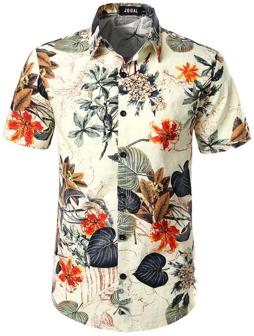 JOGAL Men's Flower Casual Button Down Short Sleeve Hawaiian Shirt